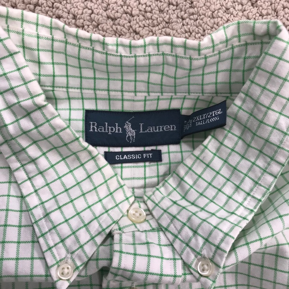 Polo Ralph Lauren Shirt 2XLT Tall Mens Green White Check Tattersall Cotton Pony - Picture 4 of 7